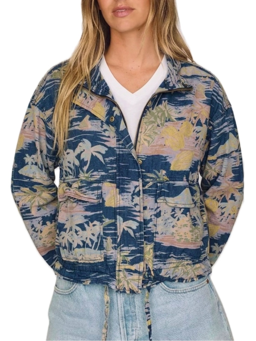 GAP Linen Cotton Hawaiian Palm Tree Print Cargo Utility Jacket Womens Size M